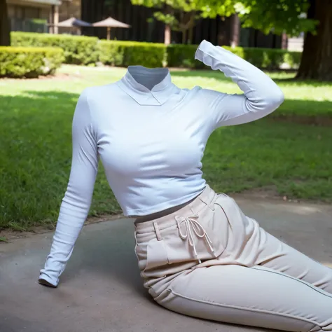 wide-leg pants, ruffle top, frill, park, cute pose, (invisible, no humans, headless, faceless:1.5), (close-up to breasts), cute big breasts, (8k, RAW photo, best quality, masterpiece, high resolution, extremely detailed CG:1.2), (realistic, photo-realistic...