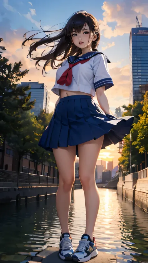 energy and freshness, drooping eyes, realistic skin, swollen areolas, sneakers, shame, river-side, trees, skyscrapers, sunset sky, wind, sailor uniform,