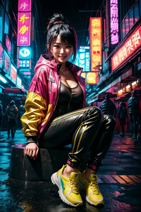 sexy asian woman in a cyberpunk city, raining, vibrant neon lights, cyberpunk style, colored, wearing oversized yellow jacket, cute smile, tight yellow pants, tight black shirt, big chest, sitting down, add depth, hyper detailed, hyper realistic, epic, cin...