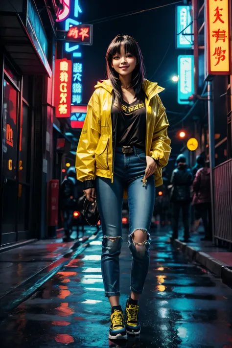 sexy asian woman in a cyberpunk city, raining, vibrant neon lights, cyberpunk style, colored, wearing oversized yellow jacket, cute smile, tight black jeans, tight black shirt, big chest
