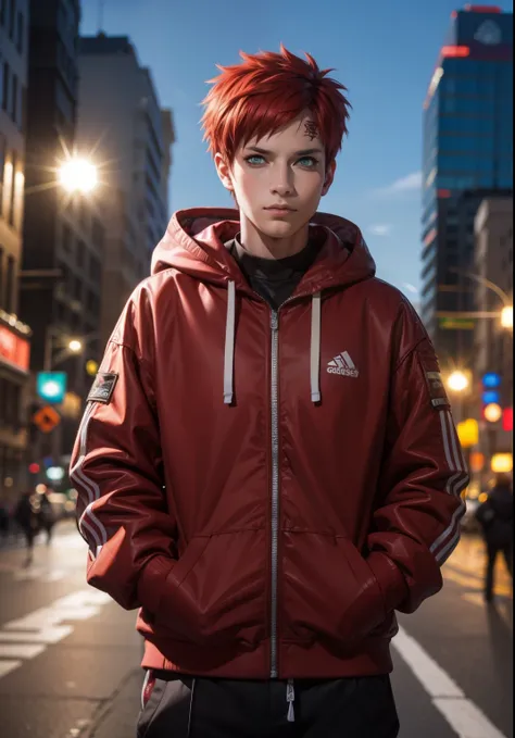 masterpiece, ultra-detailed, 1boy, male focus, upper body shot, gaara wearing streetwear hoodie, red hair, look at viewer, happy...