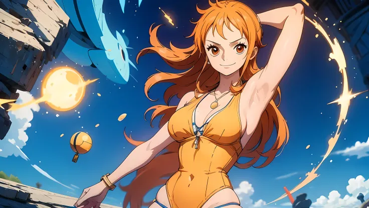 full body nami in one piece standing in magic circle, Lindo, Front position looking at 8k and HDR camera image quality 