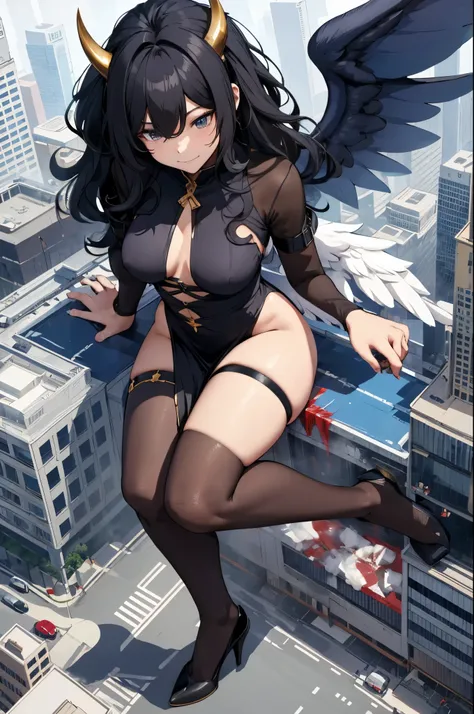 Aerial View，giant girl 50,000 feet high，Have a pair of long legs，Has a pair of huge angel wings，With huge devil horns on his head，Has waist-length black hair，loose hair，Wearing a pair of Mary Jane heels，Big wavy black curls，lace gloves，lace pantyhose，蕾丝who...