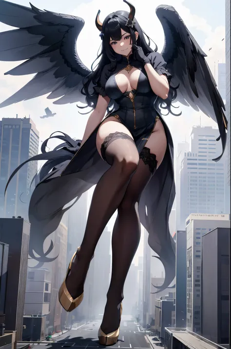 Aerial View，giant girl 50,000 feet high，Have a pair of long legs，Has a pair of huge angel wings，With huge devil horns on his head，Has waist-length black hair，loose hair，Wearing a pair of Mary Jane heels，Big wavy black curls，lace gloves，lace pantyhose，蕾丝who...