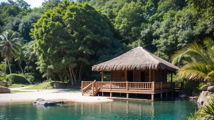 "Create an ultra-realistic image of a small hut crafted from coconut leaves, nestled beside a peaceful lake in the heart of an Indian village jungle. Showcase meticulous details of the huts construction, surrounded by a pathway formed with large stones lea...