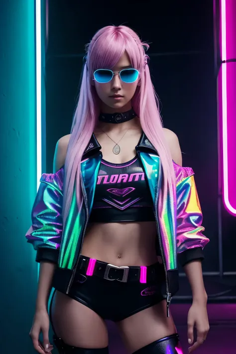 (Photorealistic:1.4) image of a cyberpunk girl, (top-quality, 8K, 32K, masterpiece), (dynamic pose), ((facing the camera with a defiant expression, one hand on her hip and the other pointing towards the viewer, neon-lit cityscape in the background), (looki...