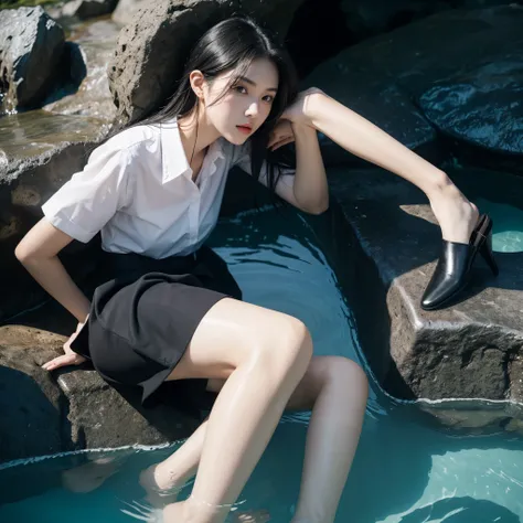 A beautiful black-haired beauty with long black legs and a white collar wearing a hip-hugging skirt and a white shirt fell into a pool of water in a cave.