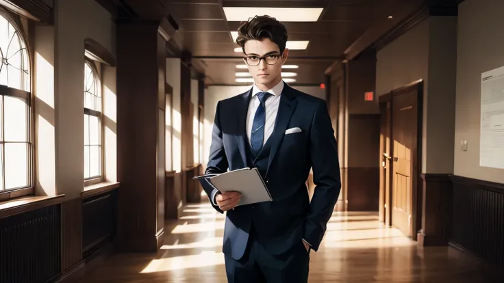 A standing man，wear a suit，wear glasses，Holding a notebook in his hand