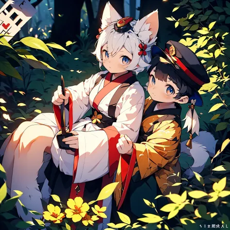 in a picturesque scene, a cute white-furred half-fox elf, decorated with cute animal ears, has descended into the mortal world. ...