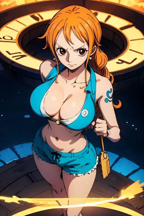 nami one piece one piece full body detailed eyes standing on magic circle, lindo, front position looking at the camera high defi...