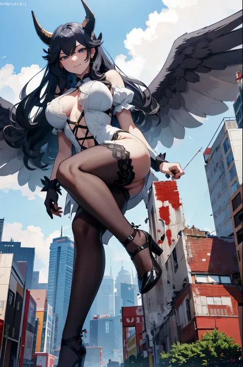 Aerial View，giant girl 50,000 feet high，Have a pair of long legs，Has a pair of huge angel wings，With huge devil horns on his head，Has waist-length black hair，loose hair，Wearing a pair of Mary Jane heels，Big wavy black curls，lace gloves，lace pantyhose，蕾丝who...