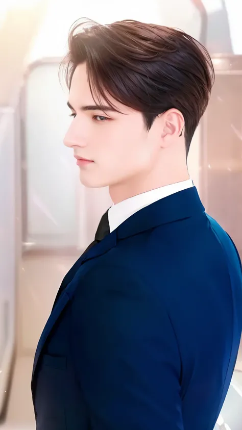 handsome stunning man, wearing blue suit and black tie, elegant, black hair, blue eyes, straight eyebrow