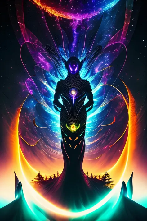 Celestial Cosmic beings with glowing light eyes emerge from the inky blackness of the night, their Biomechanical forms exuding an eerie and creepy aura, bathed in Very bright colors that pulsate with the rhythm of the cosmos. Light particles dance around t...