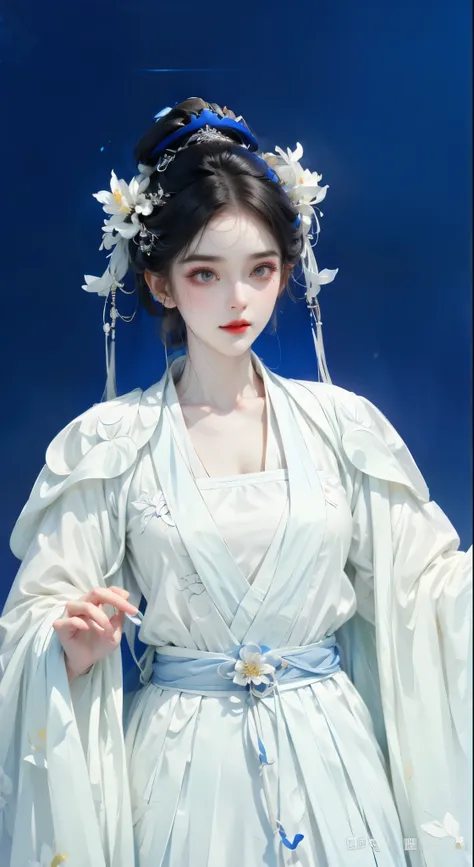 close-up of a woman wearing a white dress and a blue background, white hanfu, wearing chinese clothes, hanfu, full body xianxia,...