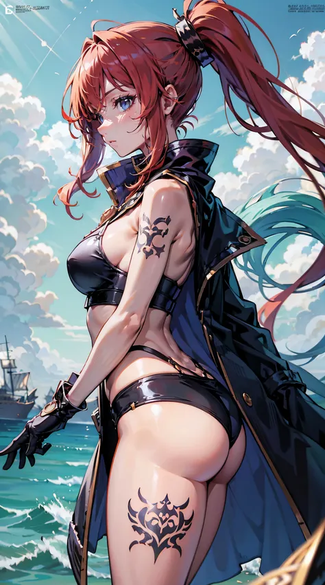 Magazine Cover, tattoo female pirate from the 1800s, pirate, red hair, Side Chest, (Sleeveless:1.2), From the side