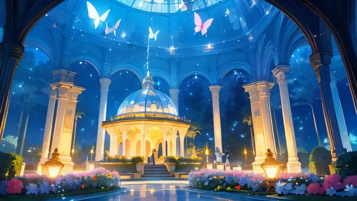 (top quality, masterpiece, ultra-realistic), night, starry skies, magical indoor botanical garden, dome, sparkling water fountain, lots of flowers, glowing butterflies, background landscape is a garden with petals and papas flying around. --v6