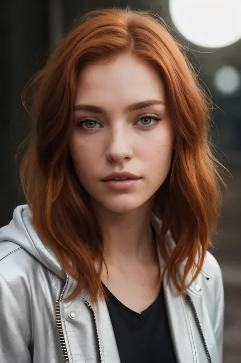 a photo of a seductive woman with loose styled (redhead hair:1.1), bored, she is wearing a hoodie and black leather jacket and leggings, mascara, (textured skin, skin pores:1.1), (moles:0.8), imperfect skin, goosebumps, flawless face, (light freckles:0.9),...