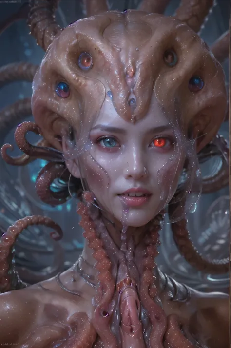 scary and sexy detailed art in color, portrait, (beautiful and obscene female alien:1.4), (vulgarity1.7), (she has red eyes with...