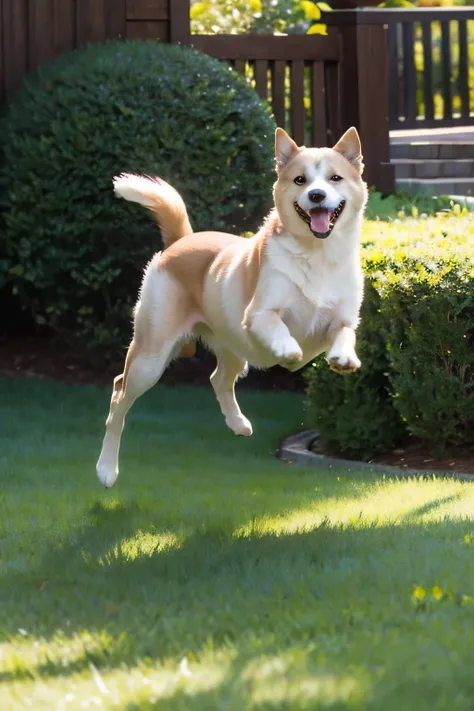 "A tranquil and authentic depiction of a dog enjoying a peaceful afternoon in a lush backyard. Imagine an environment where sunlight casts warmth, Vibrant greens radiate alluringly on well-tended lawns. dog in motion, Maybe in a chase or a jump, its fur ca...