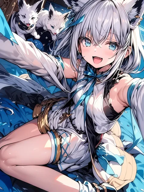 ((Shirakami Fubuki, /(Holographic live broadcast)))((white fox ears,White Fox Tail))((white short hair,ahog))((no human ears:1.0))((blue eyes))((a happy expression,open mouth,direction))((sleevelessdress,Chinese tunic suit,pelvic curtain,high slit dress,Hi...