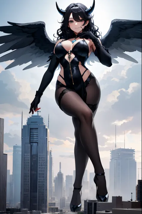 Aerial View，giant girl 50,000 feet high，Have a pair of long legs，Has a pair of huge angel wings，With huge devil horns on his head，Has waist-length black hair，loose hair，Wearing a pair of Mary Jane heels，Big wavy black curls，lace gloves，lace pantyhose，蕾丝who...