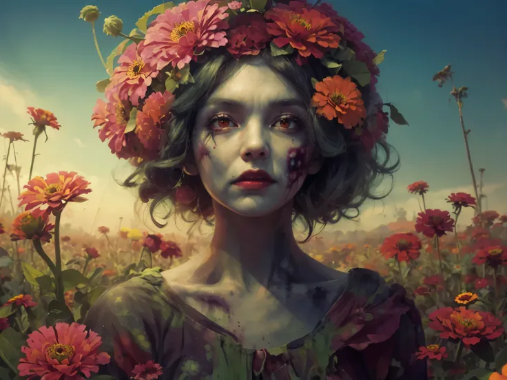 painting of a ((zombie-woman:1.1)) with ((Zinnia:1.1)) flowers in her hair in a field, beeple and jeremiah ketner, beautiful art uhd 4 k, artgerm julie bell beeple, flower goddess, a goddess in a field of flowers, flower storm portrait, flower queen, detai...