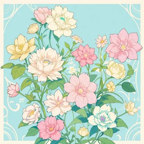 Set pattern of large flowers with plants, defined shape, flat style, vector style, drawing style, naïve style, wallpaper style, in soft pastel colors such as old pink, pastel blue, light blue, beige, pastel violet, pastel yellow and white. No shadows in th...