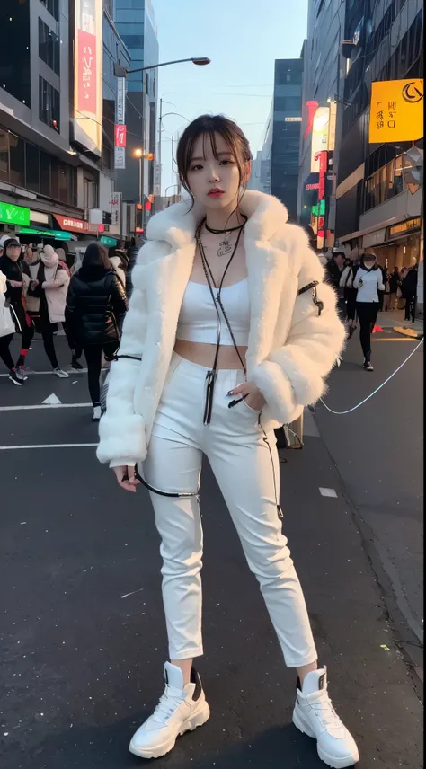 ((Robot Girl, mechs)), (((​masterpiece)))、((top high end-quality))、(The ultra-detailliert)、8K、(Very noble and beautiful))、bright 15 years old girl, wearing white fur leather jacket top and holding light saber on her hand in the city street, Cinematic Light...