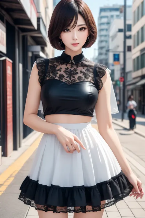 best quality, 32k, raw photo, incredibly absurdres, extremely detailed, neat and cool beauty, flowing layered short bob cut, wea...