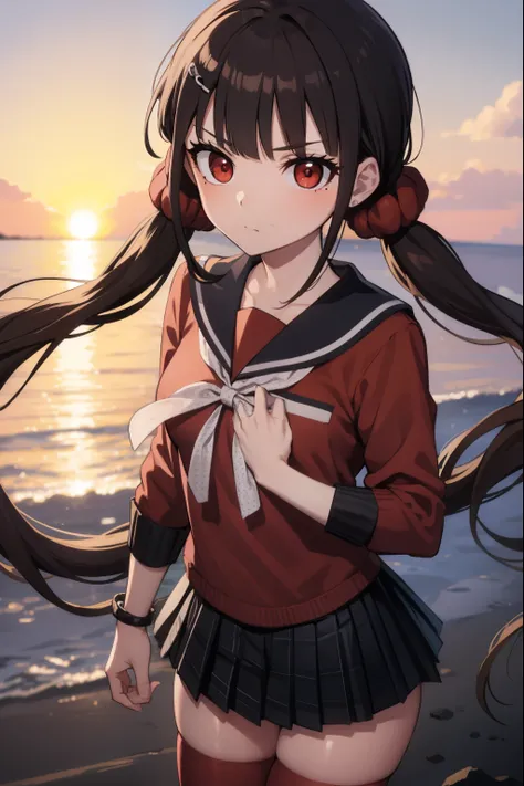makiharukawa, harukawa maki, long hair, bangs, brown hair, black hair, hair ornament, (red eyes:1.5), twintails, very long hair, hairclip, blunt bangs, mole under eye, low twintails, scrunchie, hair scrunchie, red scrunchie, (small breast:1.2), BREAK skirt...