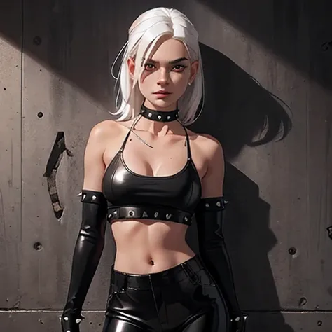 beautiful girl, military, white hair, bloody eyes, choker, cropped top, abdomen, navel, black leather pants, spiked long gloves, wall