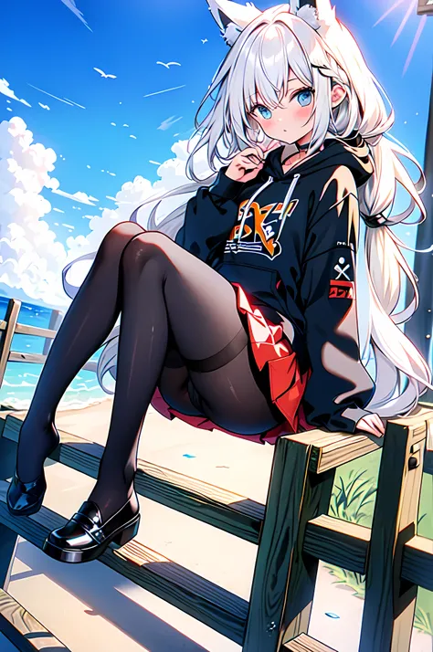 Fox girl, fox ears, fox tails, long hair, hoodie, skirt, pantyhose, Park view, sitting, masterpiece, best quality, human development report, high resolution,