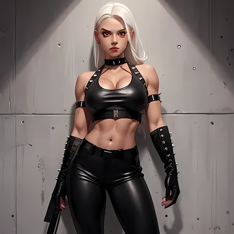 beautiful girl, military, white hair, bloody eyes, choker, cropped top, muscular abdomen, navel, black leather pants, spiked long gloves, wall, big breasts