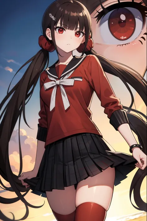 makiharukawa, harukawa maki, long hair, bangs, brown hair, black hair, hair ornament, (red eyes:1.5), twintails, very long hair, hairclip, blunt bangs, mole under eye, low twintails, scrunchie, hair scrunchie, red scrunchie, (small breast:1.2), BREAK skirt...