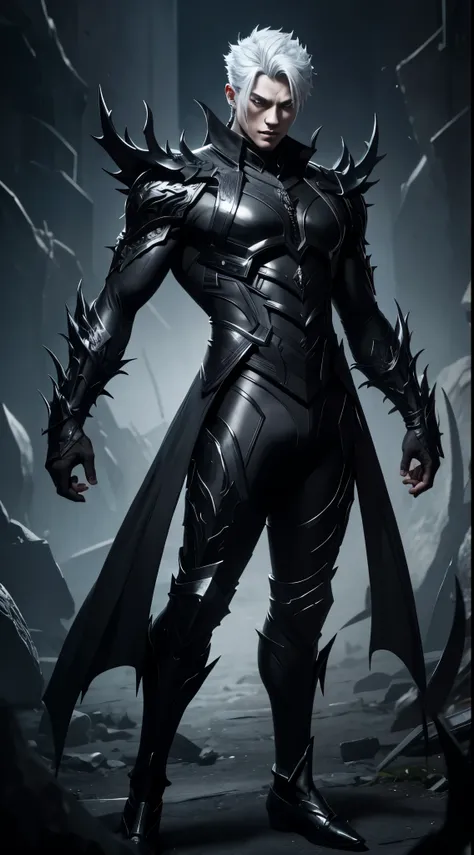 a male demon god in black suit, he has thorny fang teeth, lighted eyes and silver short hair. Full body