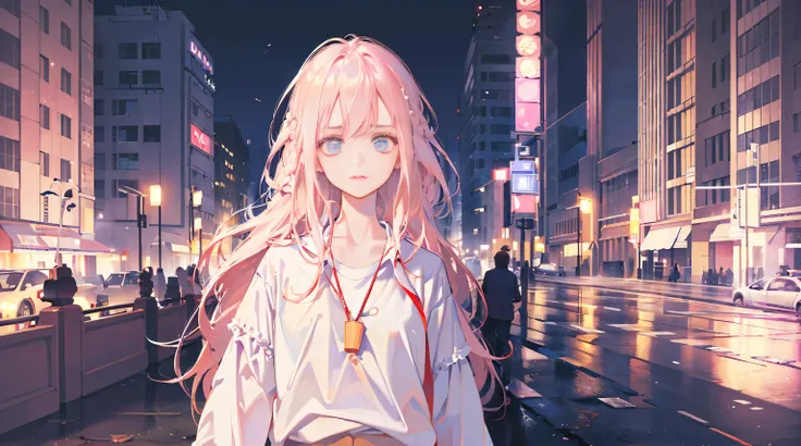 1 girl, alone, Change, small, (Very_long_pink_hair), braid, (Red_In the eyes_, (white_shirt:1.5), (windbreaker), 发Light的_Eye, background_Light, (city View:1.5), (neon_lamp:1.2), (), cyberpunk, ((masterpiece)), (High_detailed), (original),(精致的background),(E...