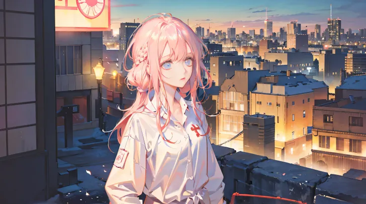 1 girl, alone, Change, small, (Very_long_pink_hair), braid, (Red_In the eyes_, (white_shirt:1.5), (windbreaker), 发Light的_Eye, background_Light, (city View:1.5), (neon_lamp:1.2), (), cyberpunk, ((masterpiece)), (High_detailed), (original),(精致的background),(E...