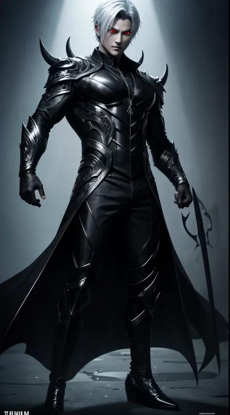 a male demon god in black suit, he has two fangs, lighted eyes and silver short hair. Full body