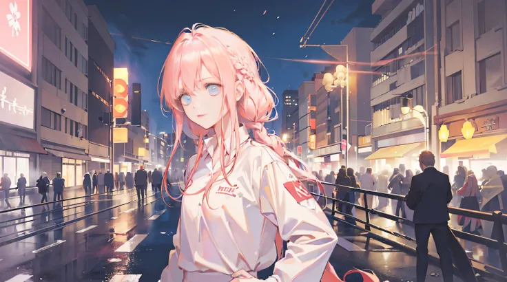 1 girl, alone, Change, small, (Very_long_pink_hair), braid, (Red_In the eyes_, (white_shirt:1.5), (windbreaker), 发Light的_Eye, background_Light, (city View:1.5), (neon_lamp:1.2), (), cyberpunk, ((masterpiece)), (High_detailed), (original),(精致的background),(E...