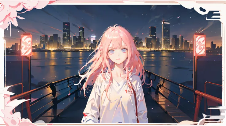 1 girl, alone, Change, small, (Very_long_pink_hair), braid, (Red_In the eyes_, (white_shirt:1.5), (windbreaker), 发Light的_Eye, background_Light, (city View:1.5), (neon_lamp:1.2), (), cyberpunk, ((masterpiece)), (High_detailed), (original),(精致的background),(E...