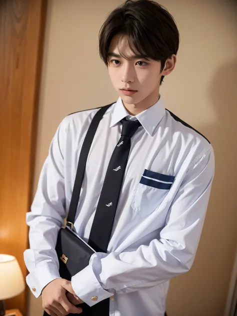 boy, 17 y.o, handsome, comma hair, long-sleeved shirt, tie, high school