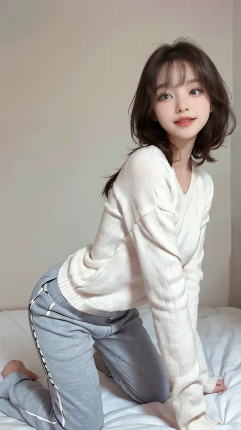 best image quality、RAW photo、ultra high resolution、21 years old Korean、small breasts、dynamic angle、cowboy shot、The most beautiful forms of chaos、elegant、innovative design、innovative design、Bright colors、beautiful white hair、short bob、smile、glossy white ski...