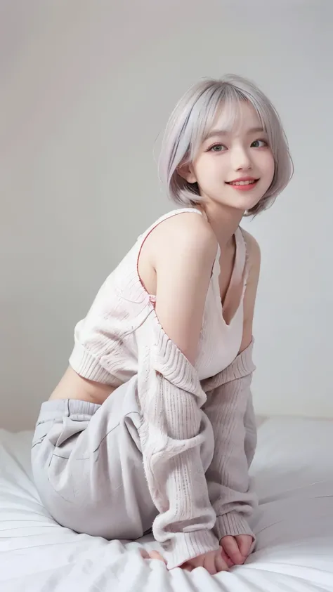 best image quality、RAW photo、ultra high resolution、21 years old Korean、small breasts、dynamic angle、cowboy shot、The most beautiful forms of chaos、elegant、innovative design、innovative design、Bright colors、beautiful white hair、short bob、smile、glossy white ski...