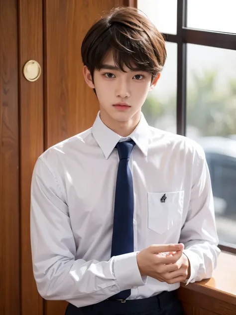 boy, 17 y.o, handsome, comma hair, long-sleeved shirt, tie, high school