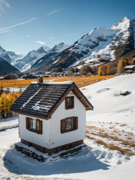 landscape photography, foreground, foot print, interest subject of small house, background mountain snow, location Switzerland, Lightroom presets color tone smooth, white, gray, yellow, orange, sharp crispy, details, high quality, UHD graphics, 8k.