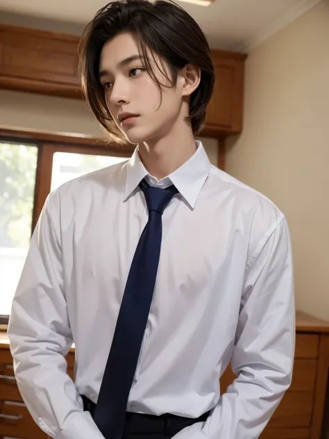 boy, 17 y.o, handsome, comma hair, long-sleeved shirt, tie, high school