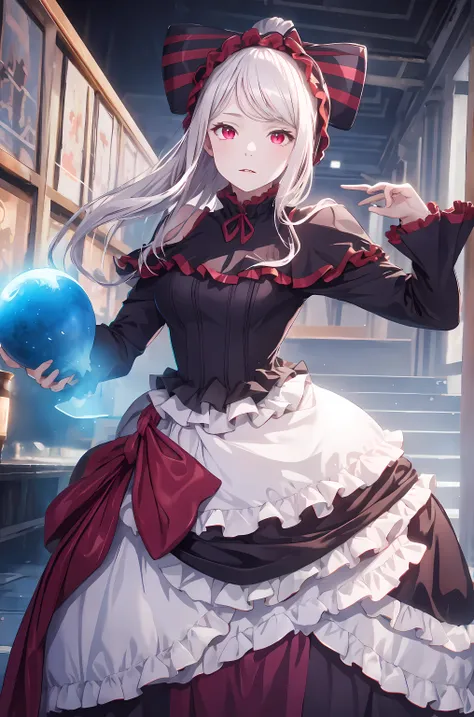 Shalltear V4, best quality, 1 girl, alone, skirt, decorate, bow, hair bow, direction, pale skin, luminescent, luminescent eyes, portrait, best quality, high resolution.