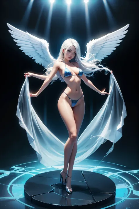 Sexy angel woman wearing transparent sexy micro bikini full body standing with arms down,vista frontal