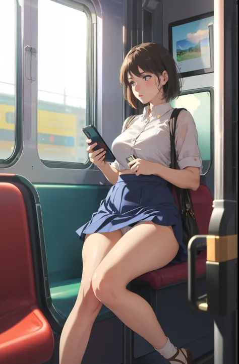 (looking away:1.4) ,( staring at smartphone:1.7),on the train, train interior, (sitting:1.3),(skirt:1.3), show off panties, white panties, (cameltoe:1.3), front view of front seat,(爆乳)