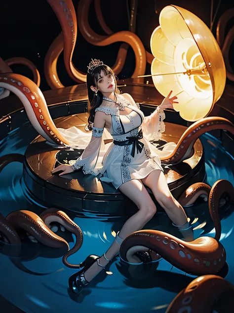 8K quality, anatomically correct limbs and fingers (big breasts: 1.3), (hands hidden behind body), surrounded by a large number of tentacles, vaguely glowing tentacles, looks like oil is applied from the neck down A wet body (breasts facing upwards), flush...